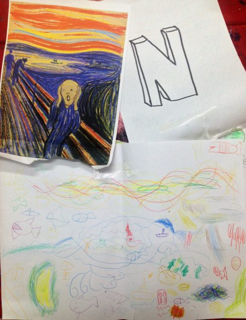 young students creating a project to express feelings through colour and line as a method of good teaching and learning